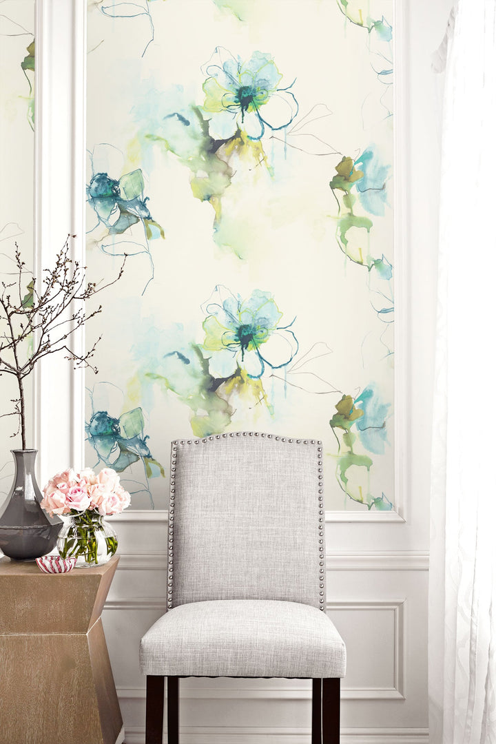 Anemone Watercolor Floral Glacier Blue and Pear LW50004 by Seabrook Designs Designer Wallpaper