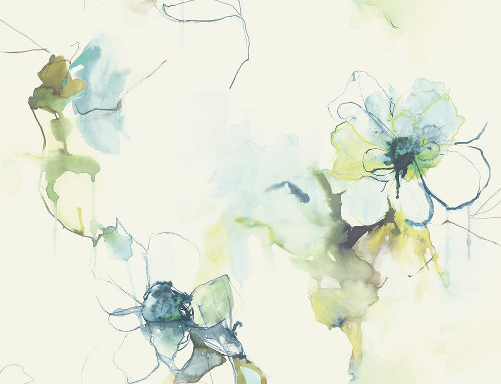 Anemone Watercolor Floral Glacier Blue and Pear LW50004 by Seabrook Designs Designer Wallpaper