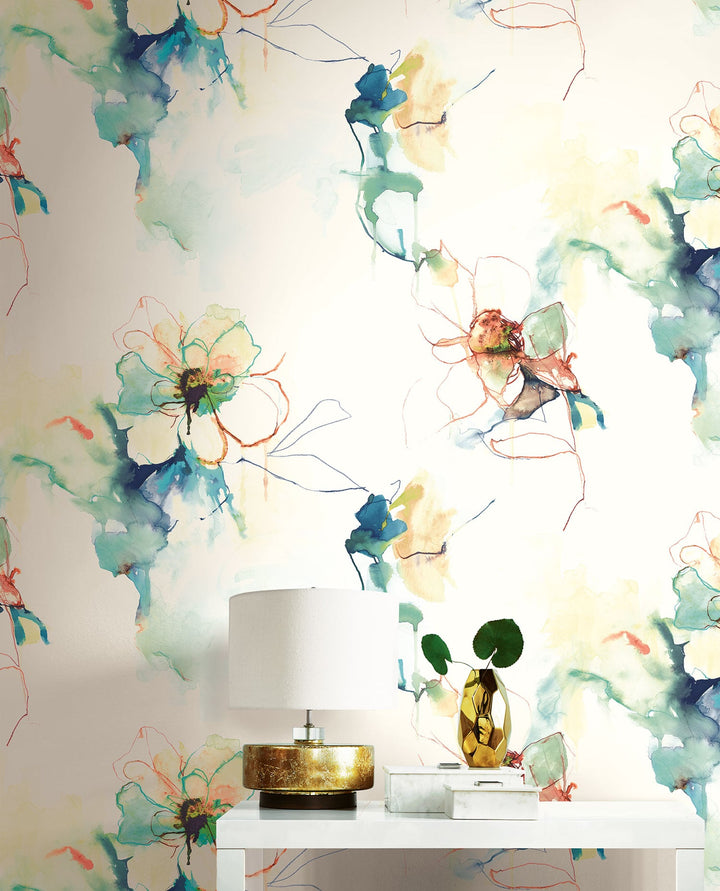 Anemone Watercolor Floral Turquoise and Persimmon LW50006 by Seabrook Designs Designer Wallpaper