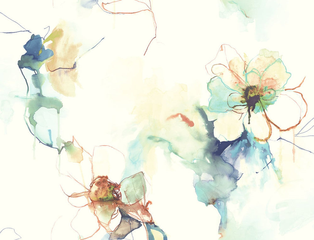 Anemone Watercolor Floral Turquoise and Persimmon LW50006 by Seabrook Designs Designer Wallpaper