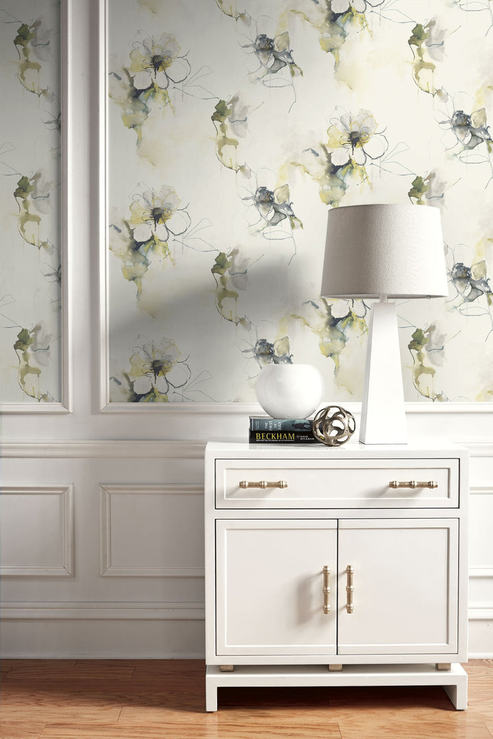 Anemone Watercolor Floral Dark Ash and Canary LW50007 by Seabrook Designs Designer Wallpaper