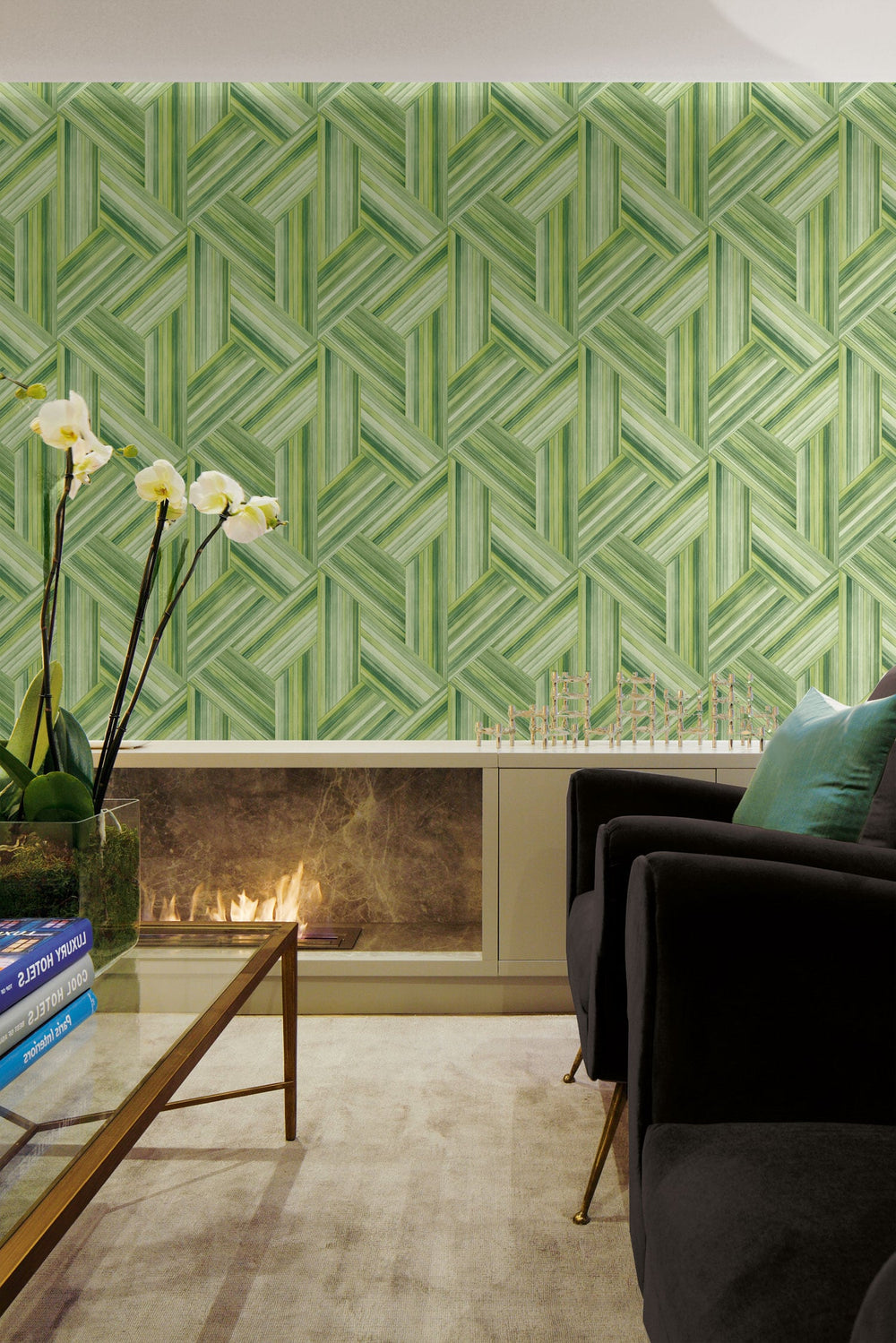 Geo Inlay Chartreuse and Basil LW50104 by Seabrook Designs Designer Wallpaper