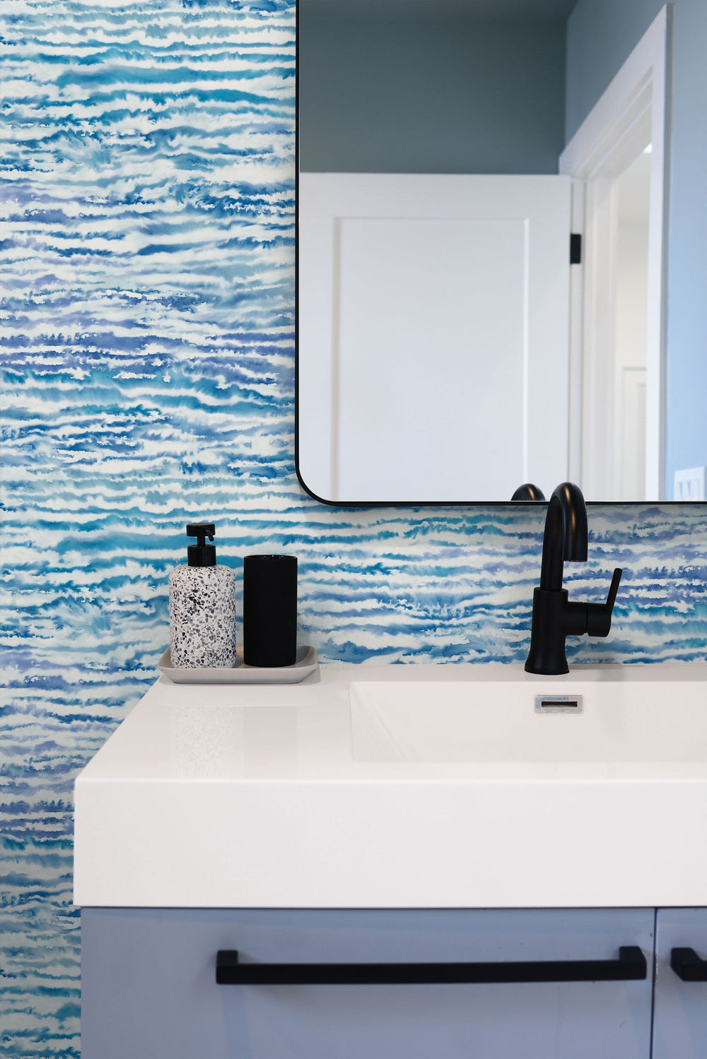 Watercolor Waves French Navy and Aqua LW50502 by Seabrook Designs Designer Wallpaper