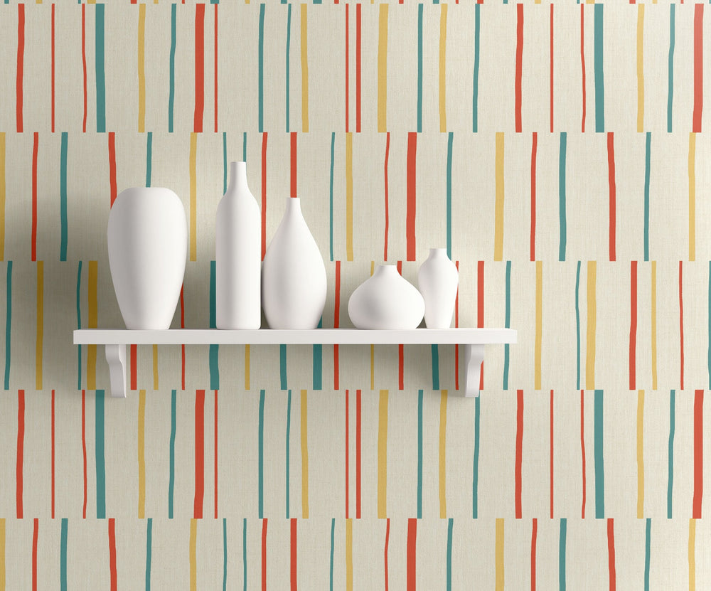 Block Lines Vermillion, Sunflower, and Teal LW51201 by Seabrook Designs Designer Wallpaper