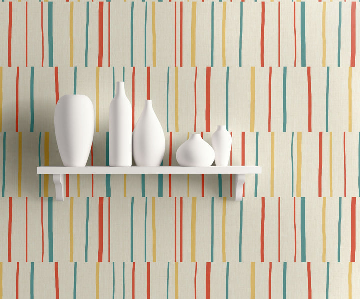 Block Lines Vermillion, Sunflower, and Teal LW51201 by Seabrook Designs Designer Wallpaper