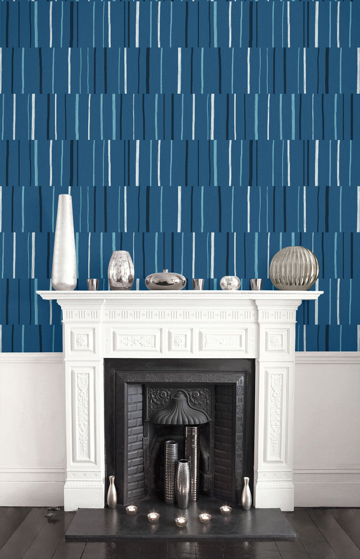 Block Lines Blueberry, Midnight, and Blue Skies LW51202 by Seabrook Designs Designer Wallpaper