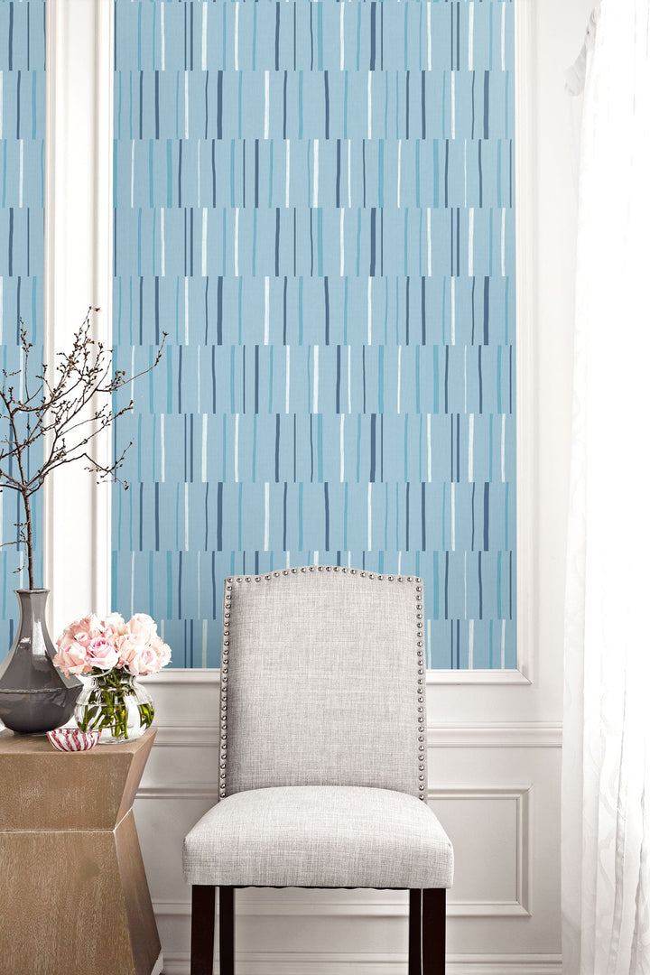 Block Lines Bluebird, Navy, and Glacier White LW51212 by Seabrook Designs Designer Wallpaper