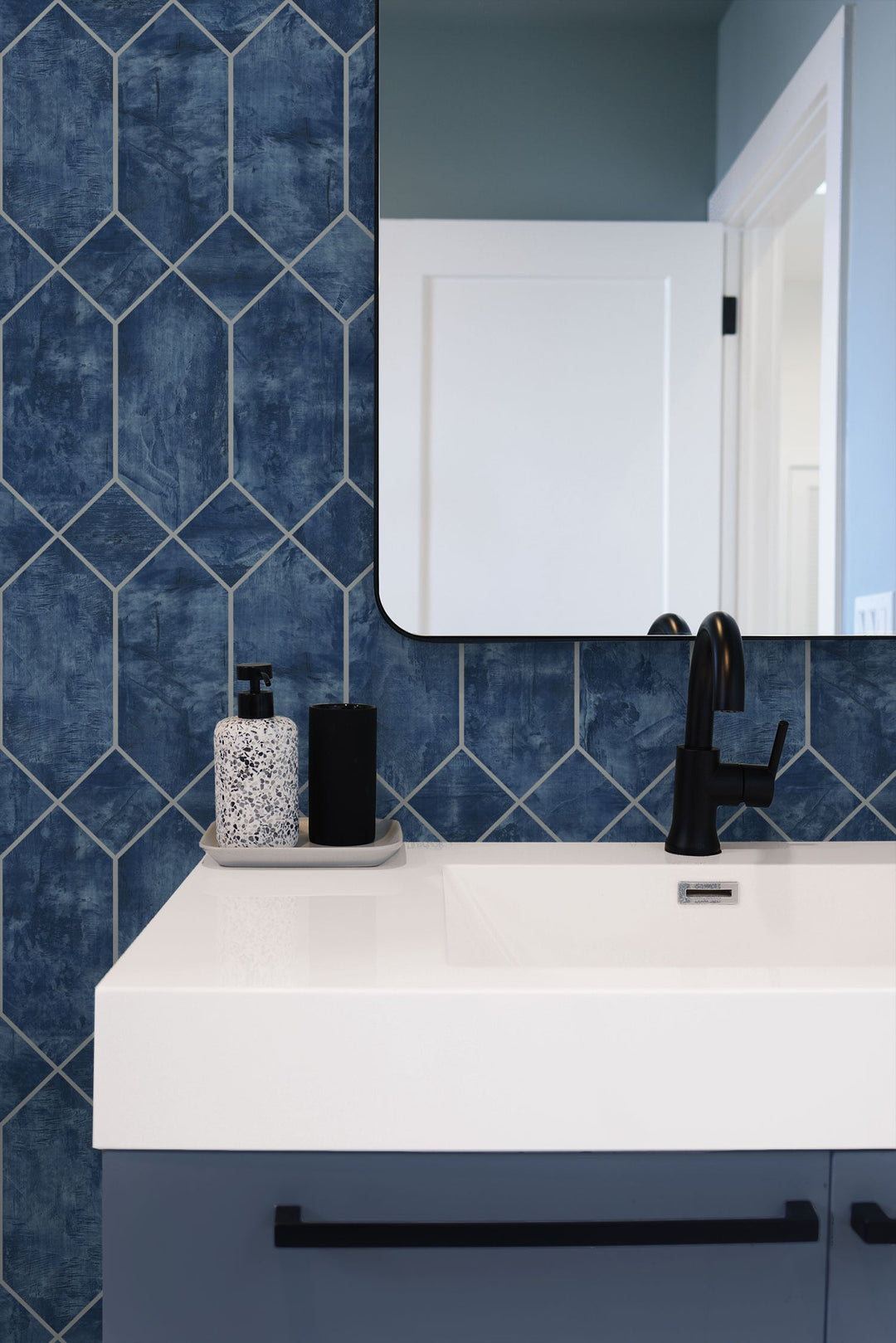 Geo Faux Denim Blue and Metallic Silver LW51602 by Seabrook Designs Designer Wallpaper