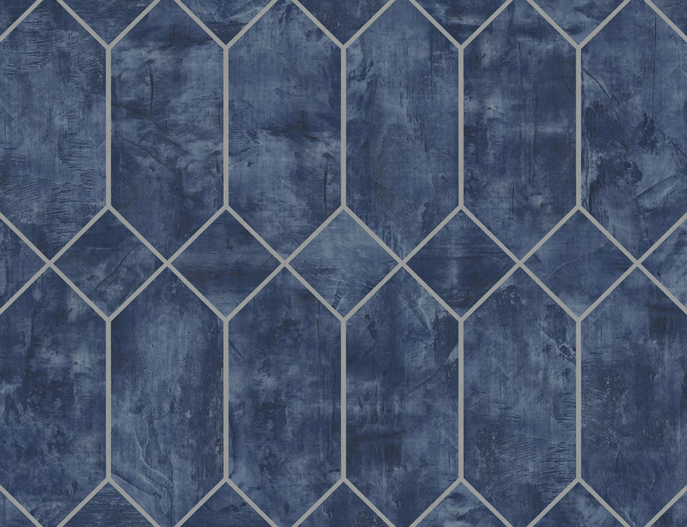 Geo Faux Denim Blue and Metallic Silver LW51602 by Seabrook Designs Designer Wallpaper