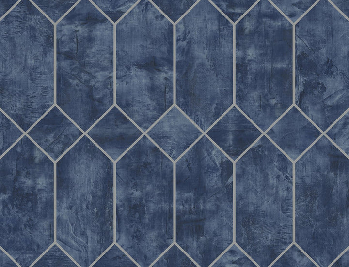Geo Faux Denim Blue and Metallic Silver LW51602 by Seabrook Designs Designer Wallpaper