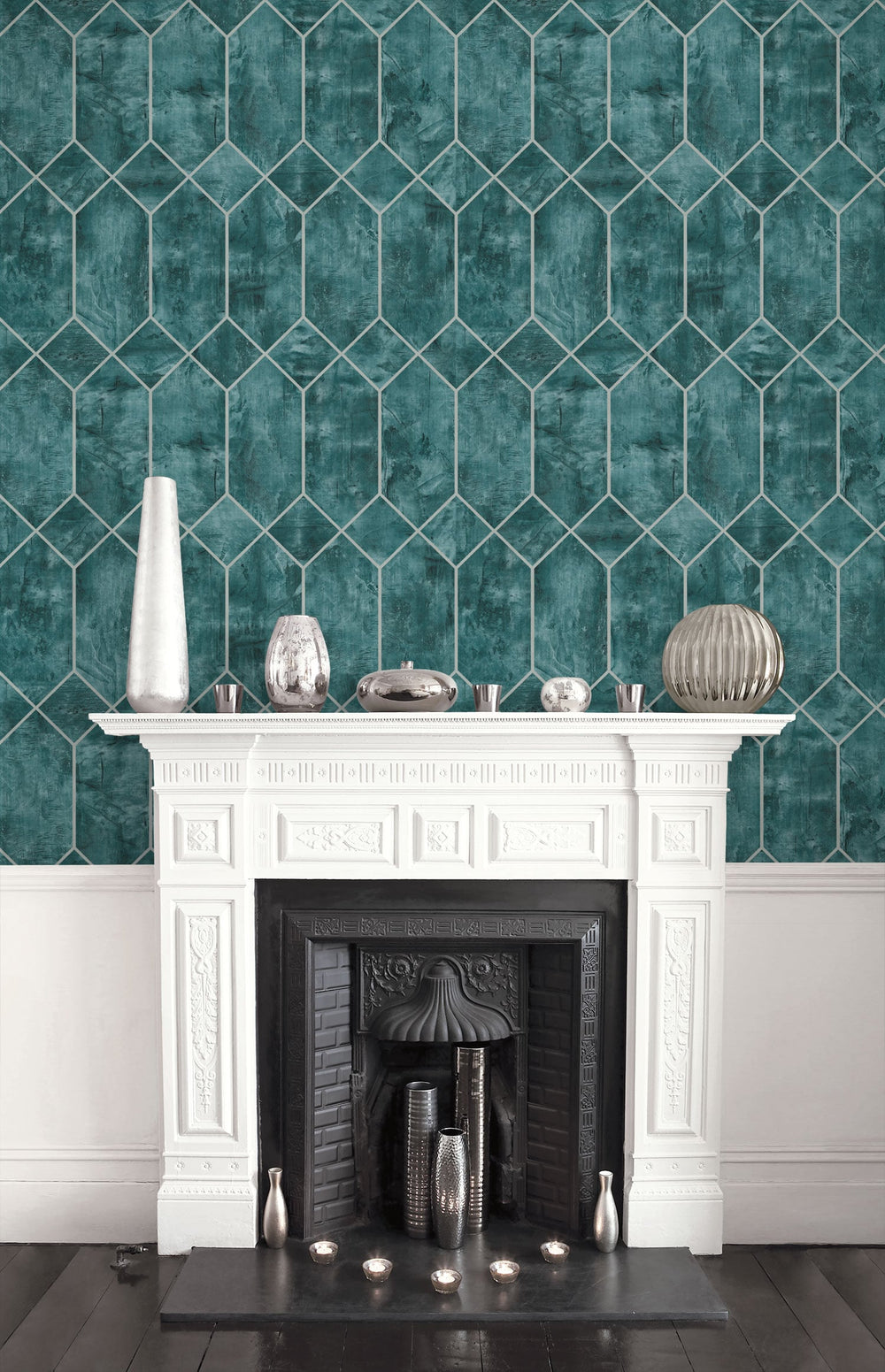 Geo Faux Emerald and Metallic Silver LW51604 by Seabrook Designs Designer Wallpaper