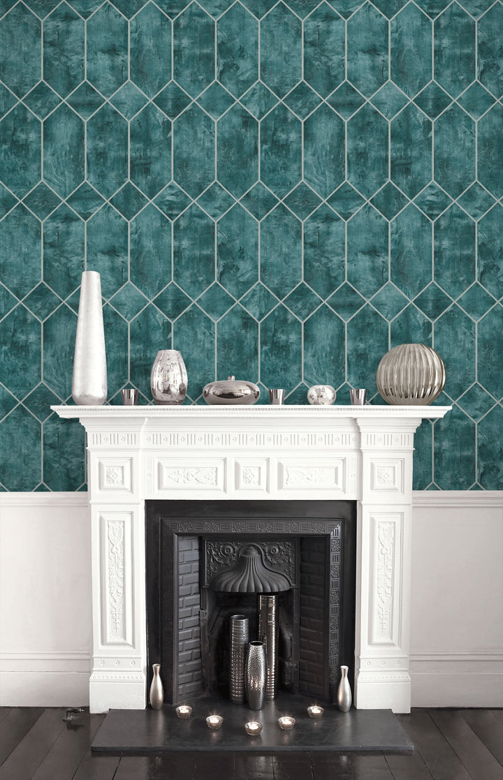 Geo Faux Emerald and Metallic Silver LW51604 by Seabrook Designs Designer Wallpaper