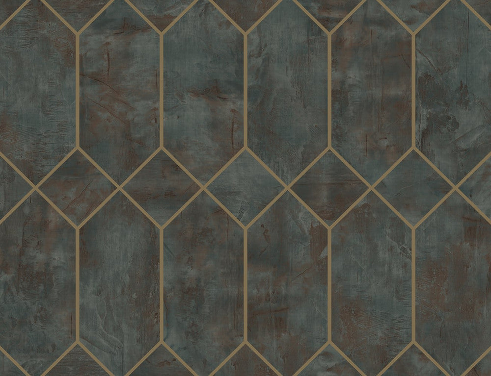 Geo Faux Rust, Forest Green, and Metallic Gold LW51606 by Seabrook Designs Designer Wallpaper