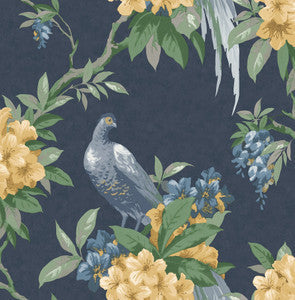 Brewster Wallpaper Golden Pheasant Dark Blue Floral