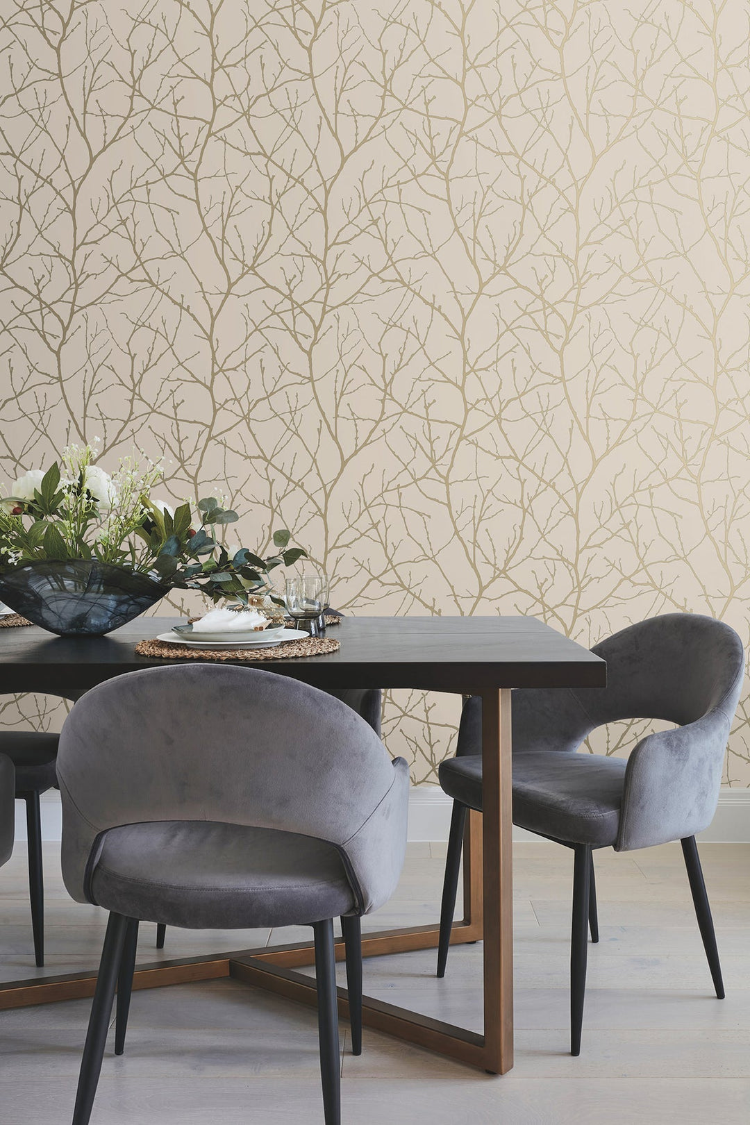 Trees Silhouette Beige & Gold Wallpaper by Antonina Vella Designer
