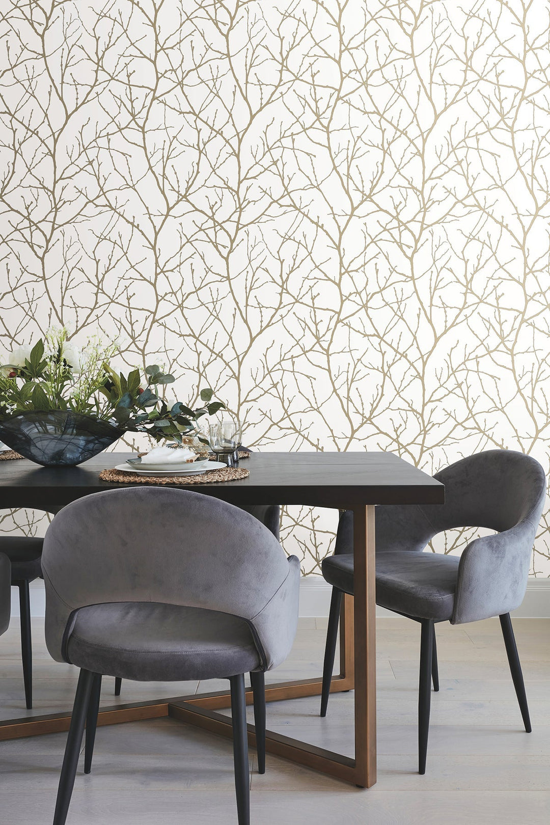 Trees Silhouette White & Gold Wallpaper by Antonina Vella Designer
