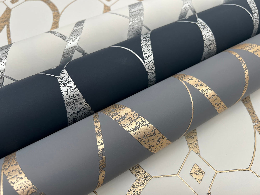 Graceful Geo Navy & Silver Wallpaper by Antonina Vella Designer