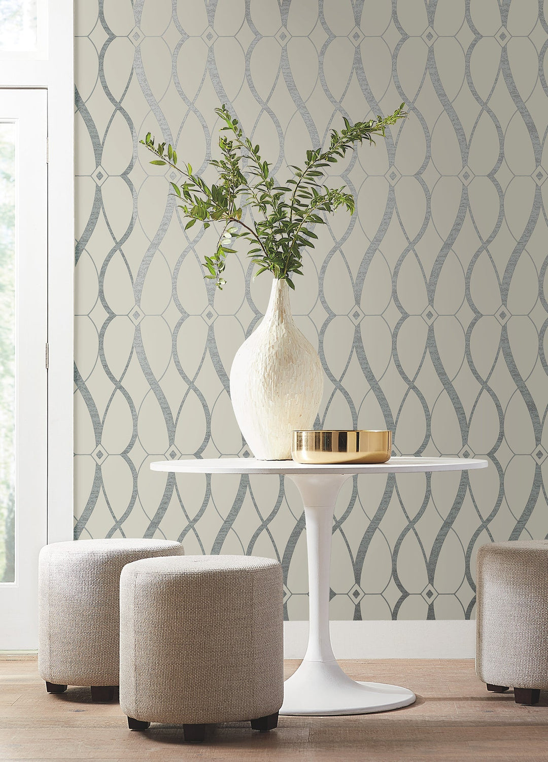 Graceful Geo Beige & Silver Wallpaper by Antonina Vella Designer