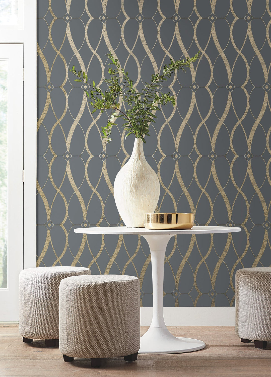 Graceful Geo Smoke & Gold Wallpaper by Antonina Vella Designer