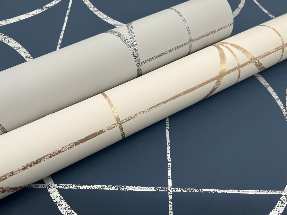 Sun Circles Blue & Silver Wallpaper by Antonina Vella Designer