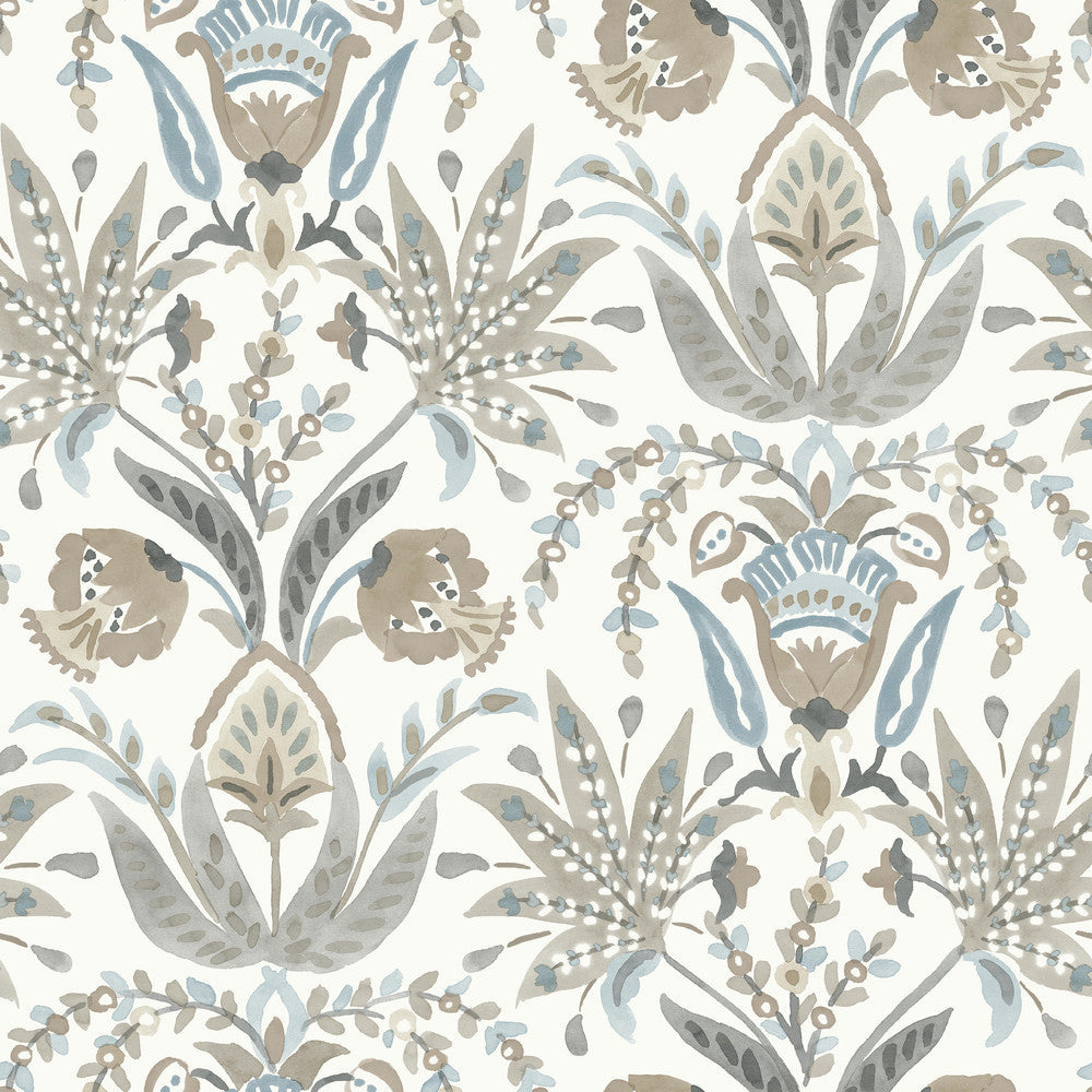 Seaside Jacobean Taupe & Blue Wallpaper by York Wallcoverings Designer Beige & Neutrals Covers about 56.4 square feet 20.5-in by 33-ft long roll Prepasted 20.5 - Swanky Fabrics -
