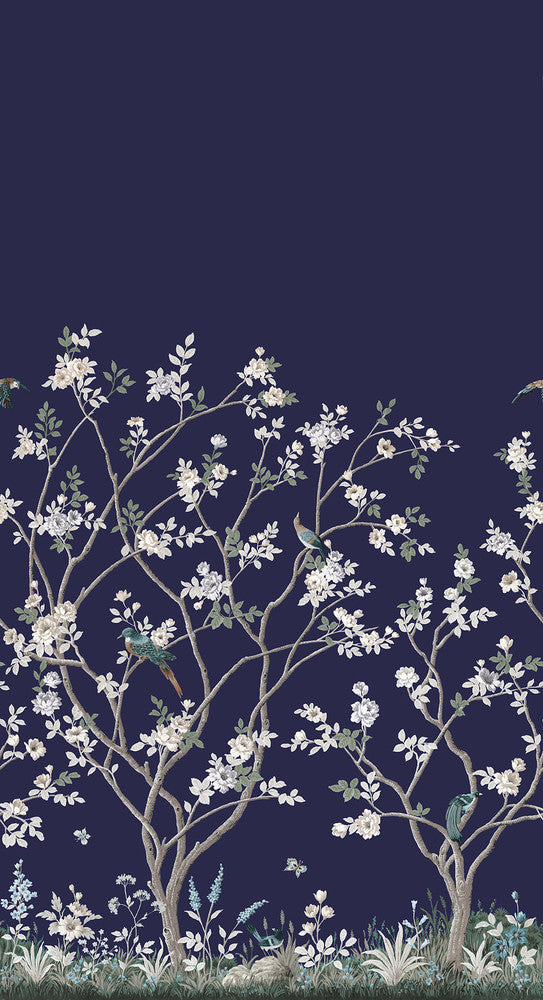 Lingering Garden Navy Wall Mural by Ronald Redding Designer Classics Covers 2 panels - measures 5.5-ft wide by 10.2-ft tall when assembled 33.25-in by 10.2-ft long roll Unpasted 0 - Swanky Fabrics -
