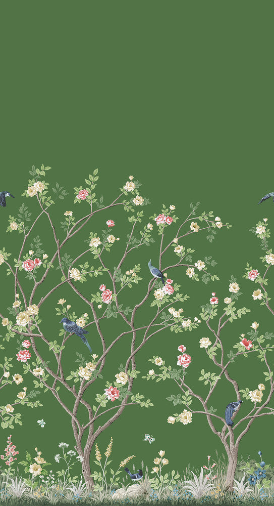 Lingering Garden Green Wall Mural by Ronald Redding Designer Classics Covers 2 panels - measures 5.5-ft wide by 10.2-ft tall when assembled 33.25-in by 10.2-ft long roll Unpasted 0 - Swanky Fabrics -