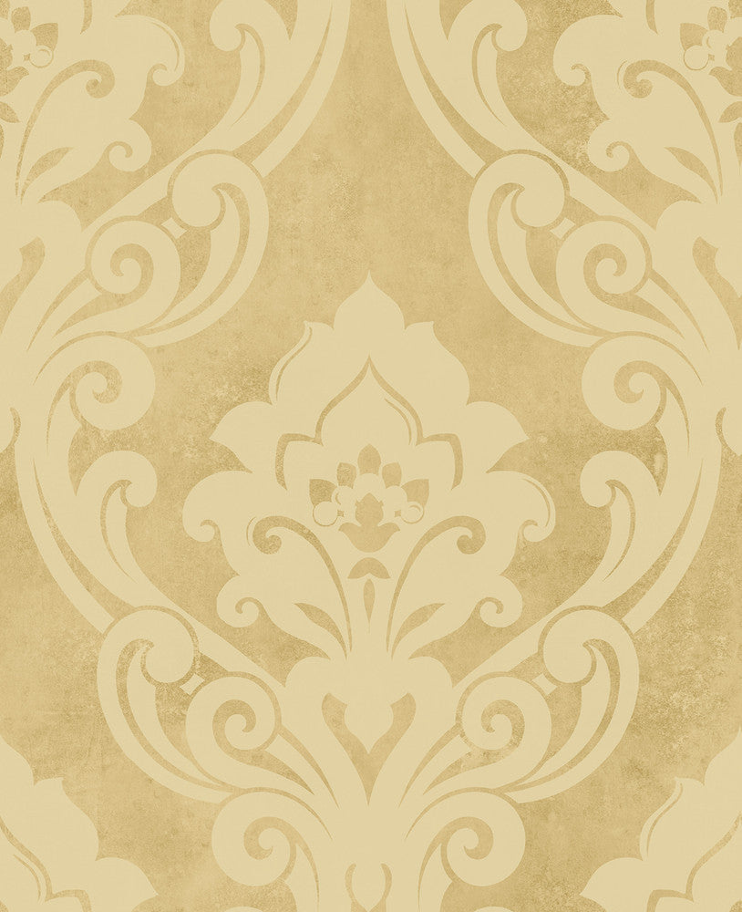 Vogue Damask Metallic Gold and Buttercup NE50100 by Seabrook Designs Designer Wallpaper