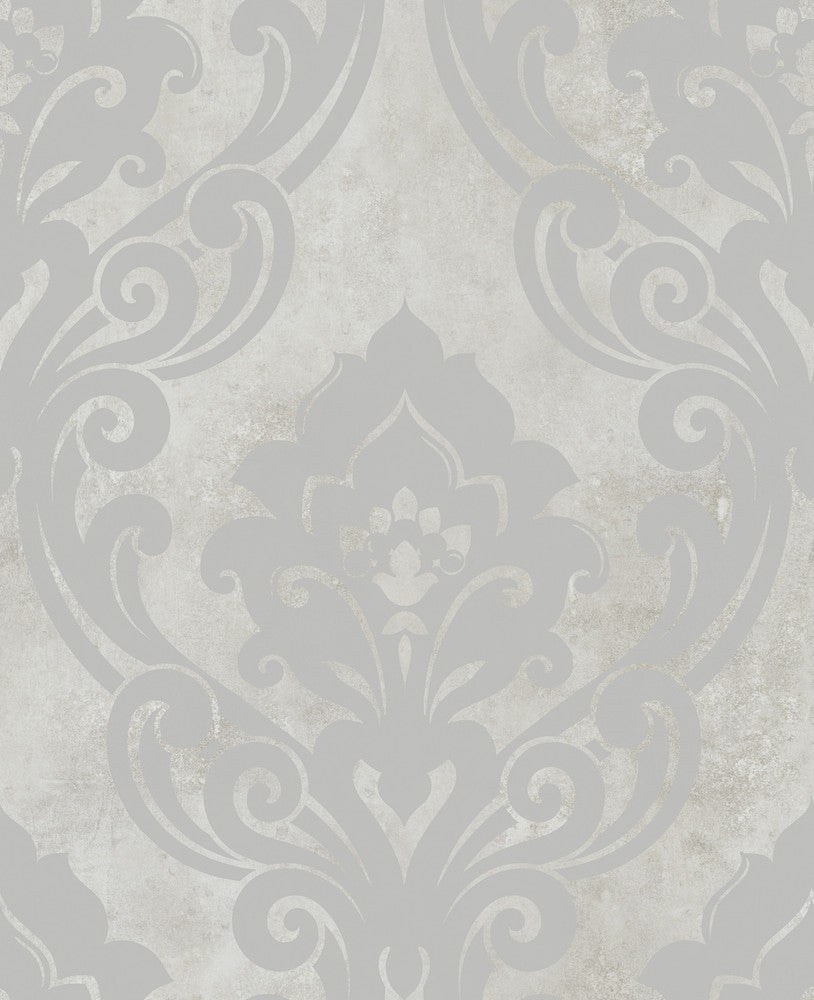 Vogue Damask Metallic Silver and Greige NE50108 by Seabrook Designs Designer Wallpaper