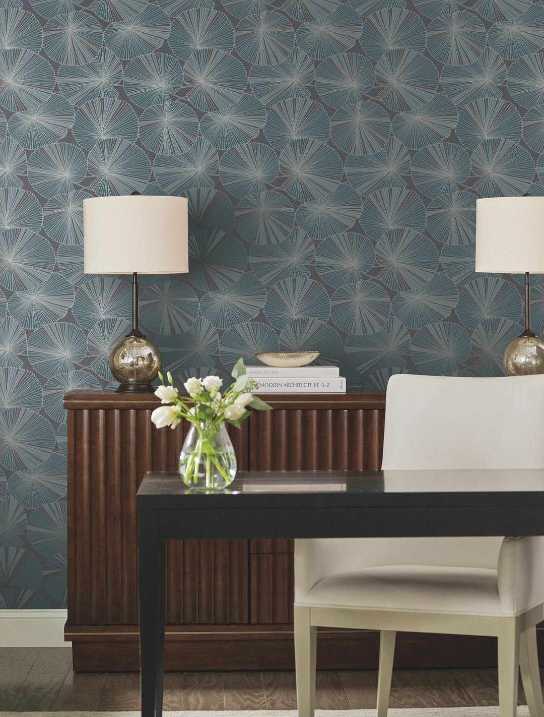 Layered Deep Blue Lily Pads Wallpaper by Candice Olson Designer