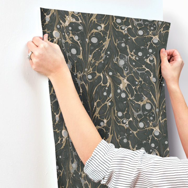 Marbled Endpaper Black & Gold Wallpaper by York Wallcoverings Designer