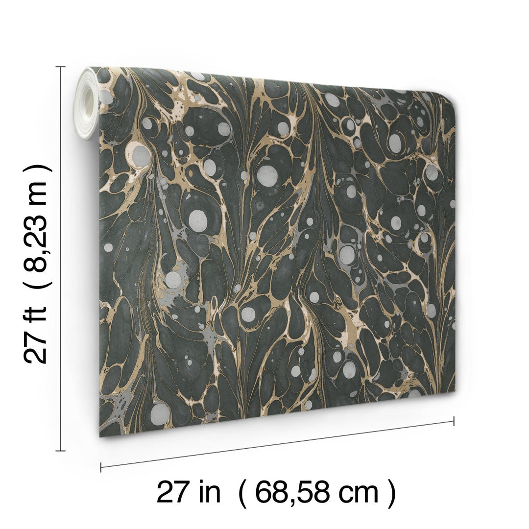 Marbled Endpaper Black & Gold Wallpaper by York Wallcoverings Designer