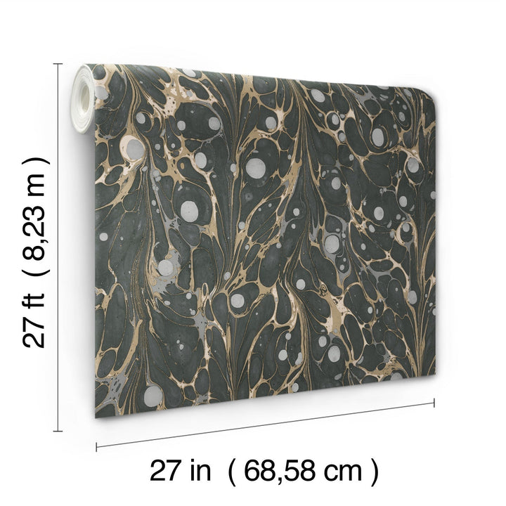 Marbled Endpaper Black & Gold Wallpaper by York Wallcoverings Designer