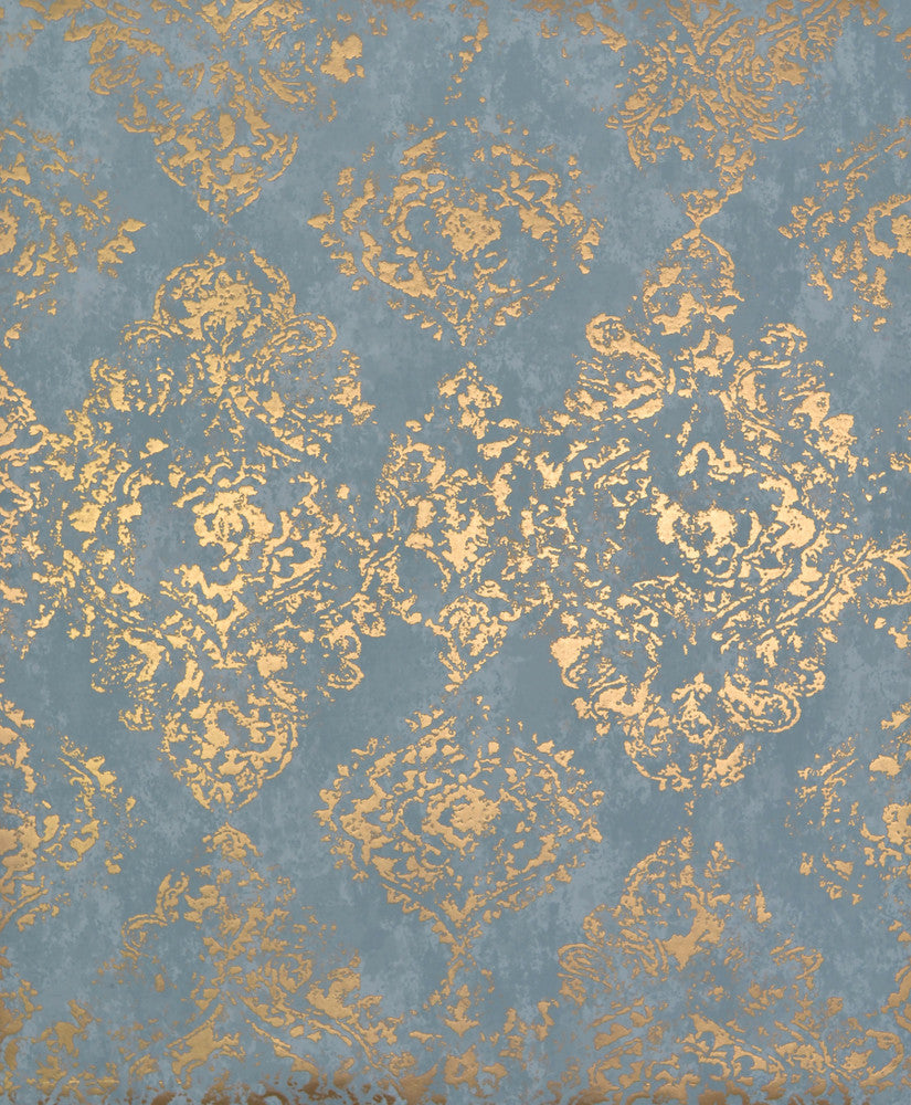 Stargazer Blue & Gold Wallpaper by York Wallcoverings Designer Shimmering Finishes Covers about 56.9 square feet 20.8-in by 32.8-ft long roll Unpasted 25.2 - Swanky Fabrics -