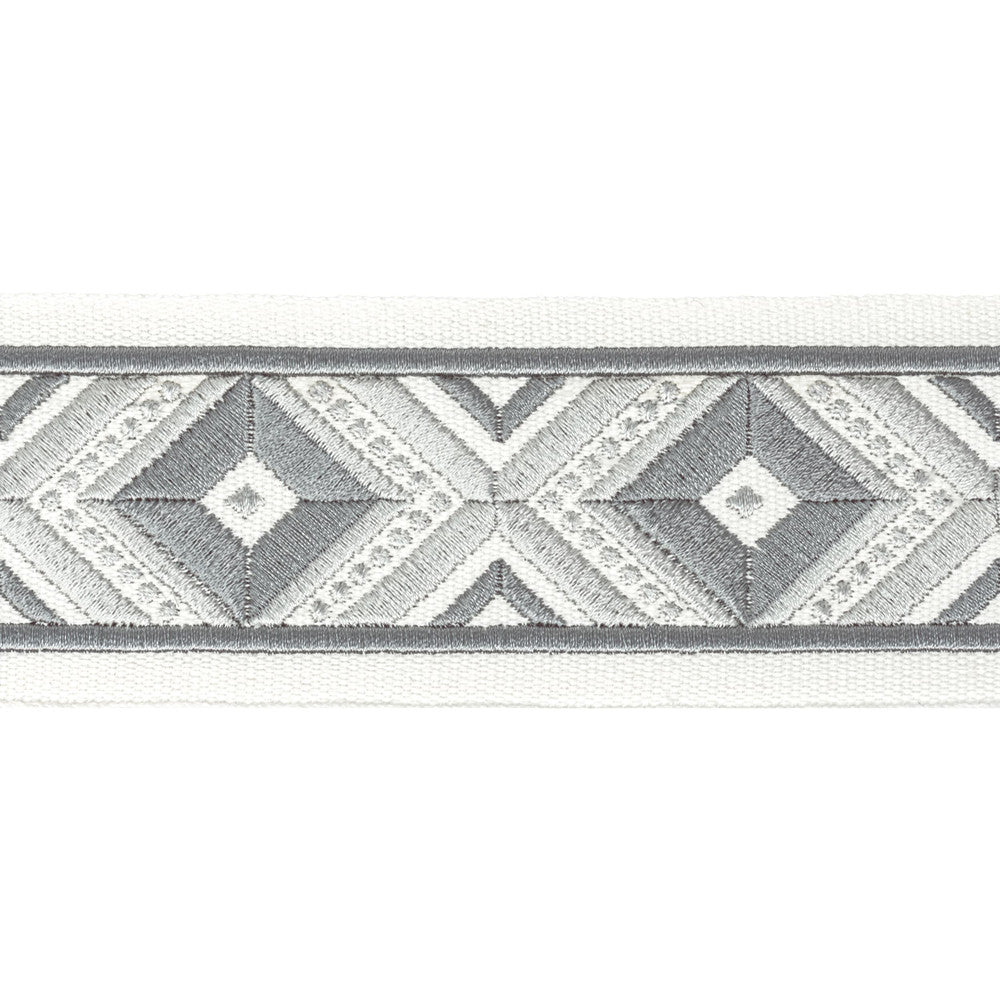 Oakdale Tape 2 Pewter by Stout Designer Trim STITCHED UP TRIM 100%COT %BEMB INDIA Horizontal: 2.500 and Vertical: 3.000 2.5 in - Swanky Fabrics -