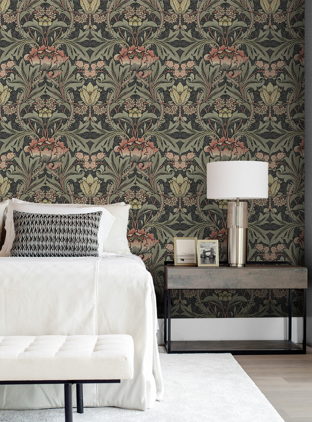 Acanthus Floral Prepasted Charcoal & Rosewood PR10001 by Seabrook Designs Designer Wallpaper