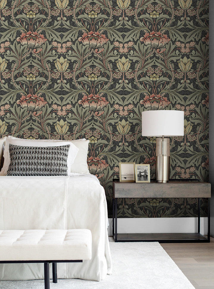 Acanthus Floral Prepasted Charcoal & Rosewood PR10001 by Seabrook Designs Designer Wallpaper