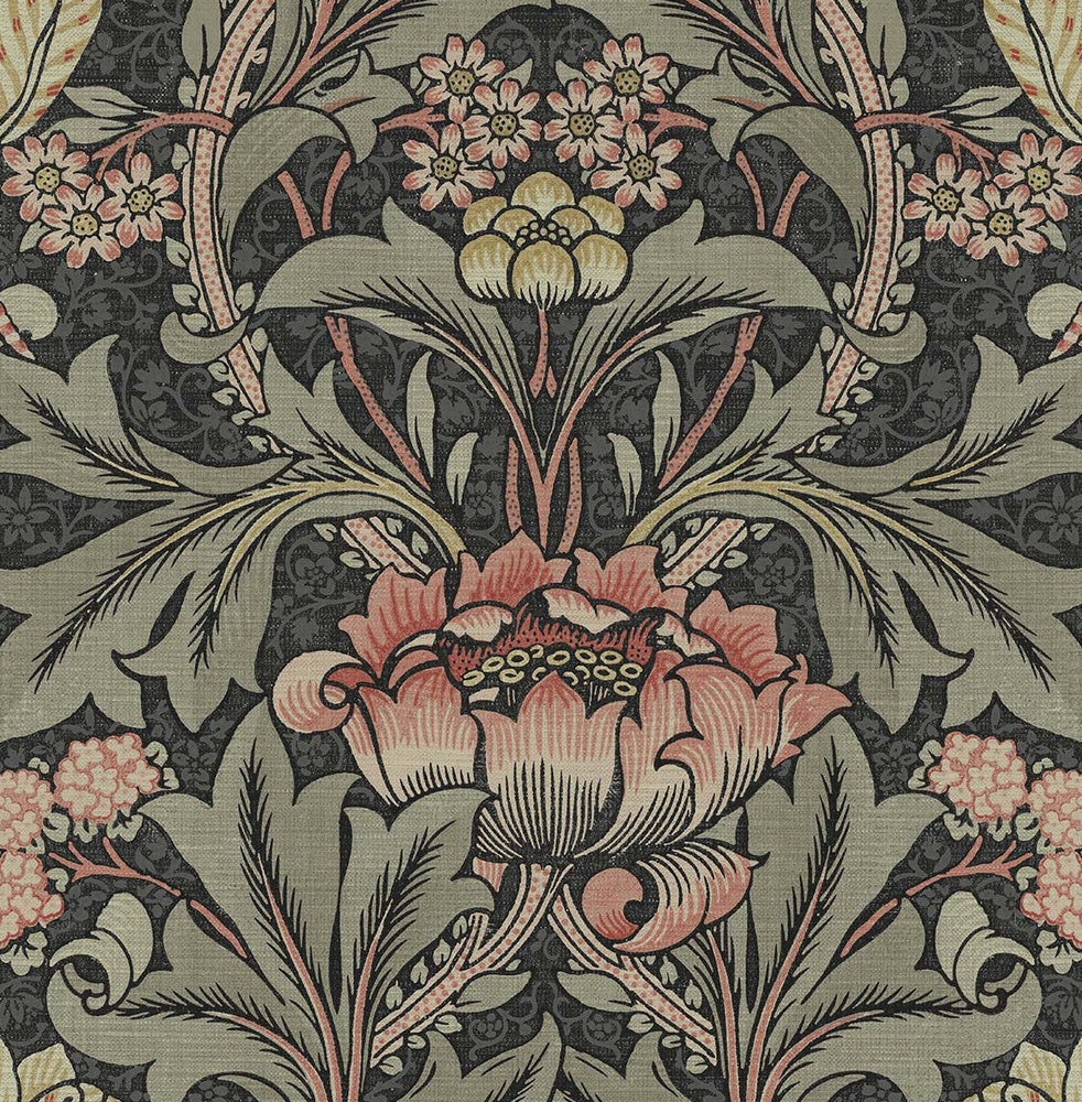 Acanthus Floral Prepasted Charcoal & Rosewood PR10001 by Seabrook Designs Designer Wallpaper