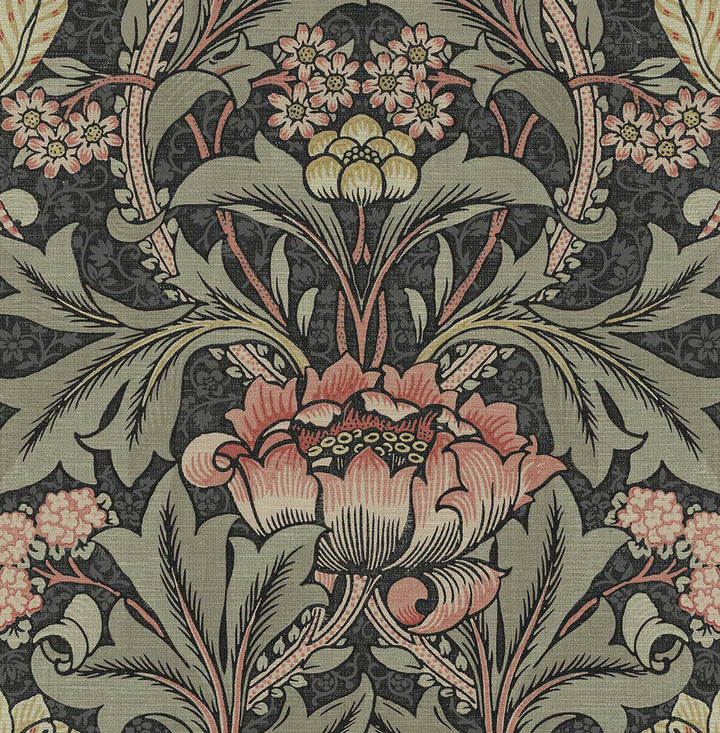 Acanthus Floral Prepasted Charcoal & Rosewood PR10001 by Seabrook Designs Designer Wallpaper