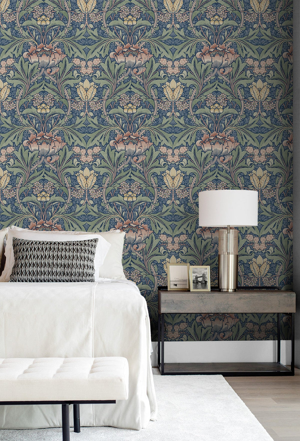 Acanthus Floral Prepasted Denim Blue & Salmon PR10002 by Seabrook Designs Designer Wallpaper