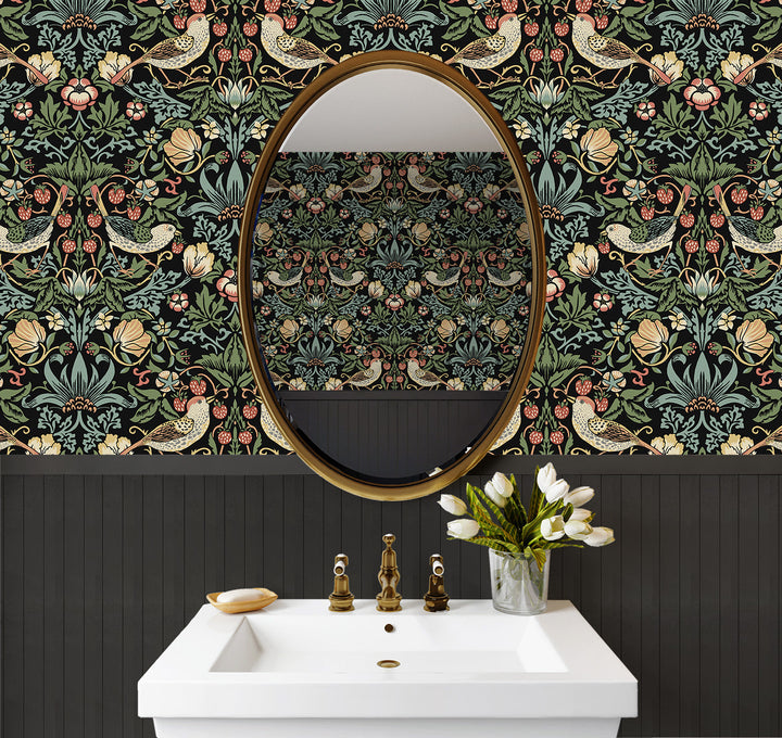 Fragaria Garden Prepasted Ebony PR10100 by Seabrook Designs Designer Wallpaper