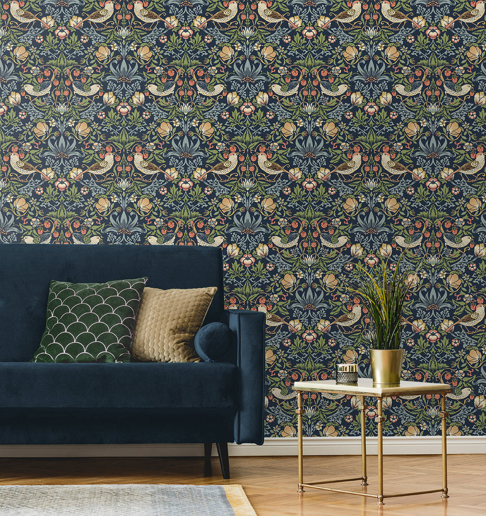 Fragaria Garden Prepasted Midnight Blue PR10102 by Seabrook Designs Designer Wallpaper