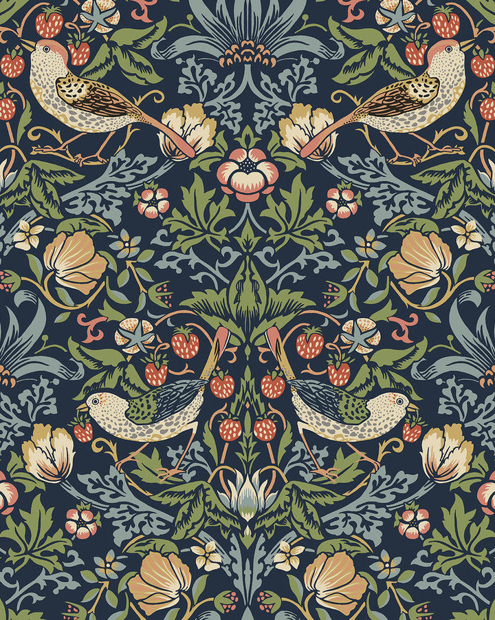 Fragaria Garden Prepasted Midnight Blue PR10102 by Seabrook Designs Designer Wallpaper