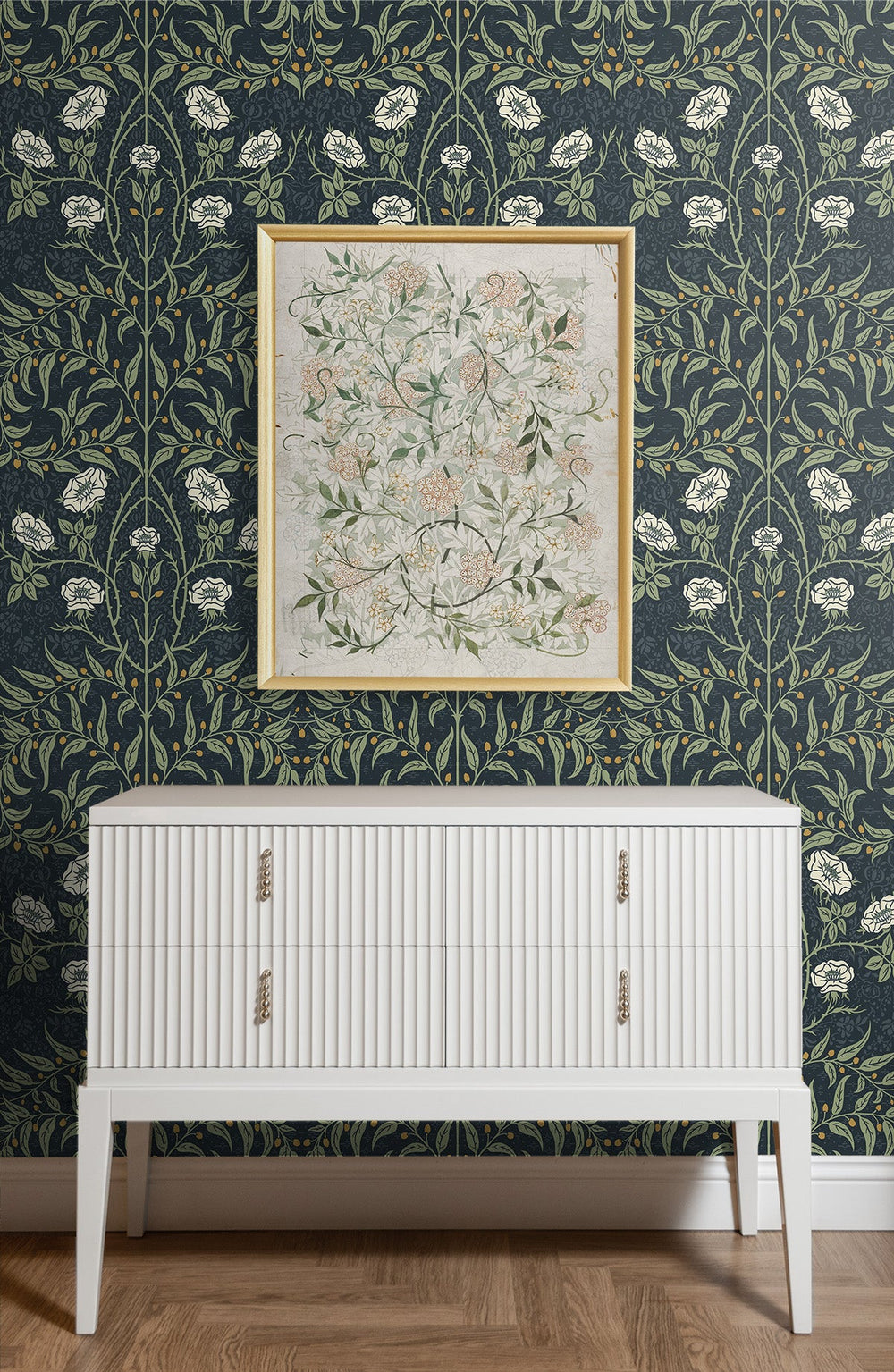 Stenciled Floral Prepasted Navy & Sage PR10202 by Seabrook Designs Designer Wallpaper