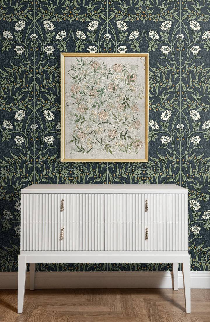 Stenciled Floral Prepasted Navy & Sage PR10202 by Seabrook Designs Designer Wallpaper