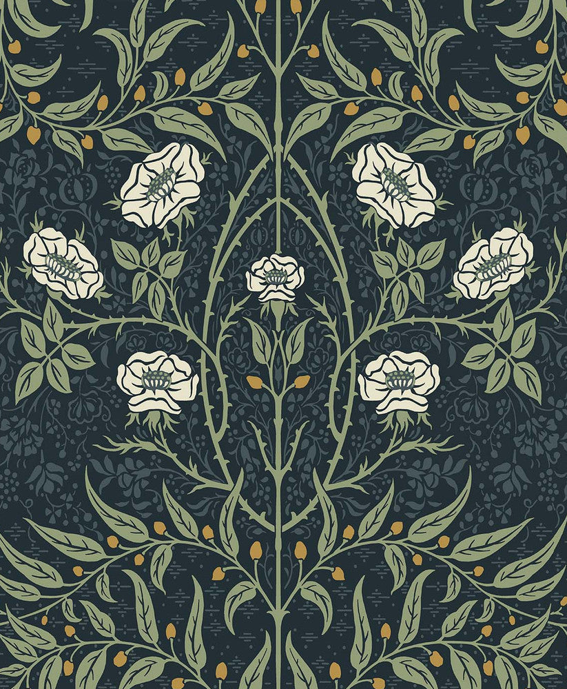 Stenciled Floral Prepasted Navy & Sage PR10202 by Seabrook Designs Designer Wallpaper