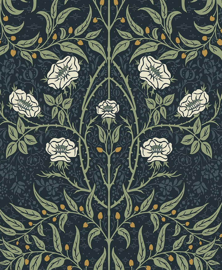 Stenciled Floral Prepasted Navy & Sage PR10202 by Seabrook Designs Designer Wallpaper