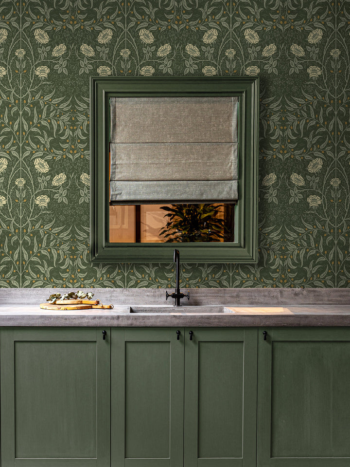 Stenciled Floral Prepasted Evergreen PR10204 by Seabrook Designs Designer Wallpaper