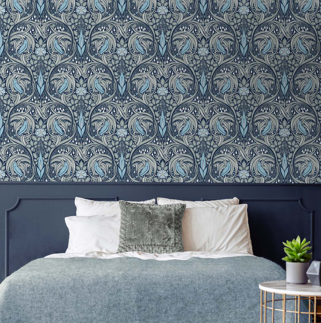 Bird Ogee Prepasted Navy & Sky Blue PR10302 by Seabrook Designs Designer Wallpaper
