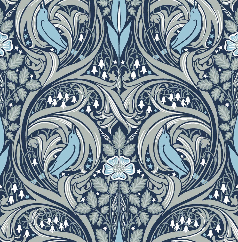 Bird Ogee Prepasted Navy & Sky Blue PR10302 by Seabrook Designs Designer Wallpaper